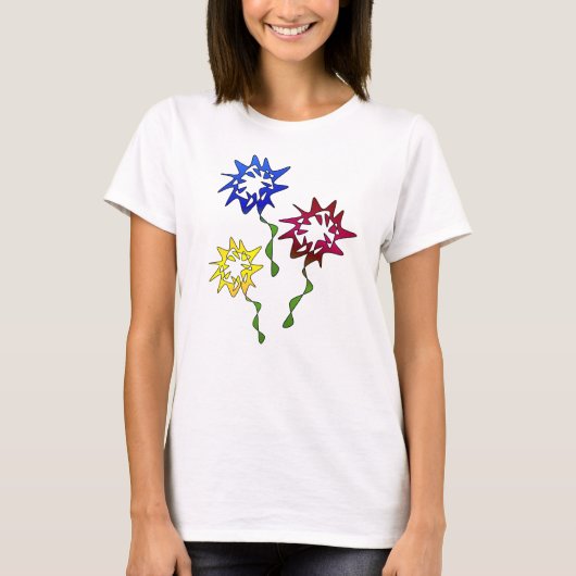 Perpetual Bloom Blume Art in Blau, Rot, Gelb T-Shirt (Vorderseite)