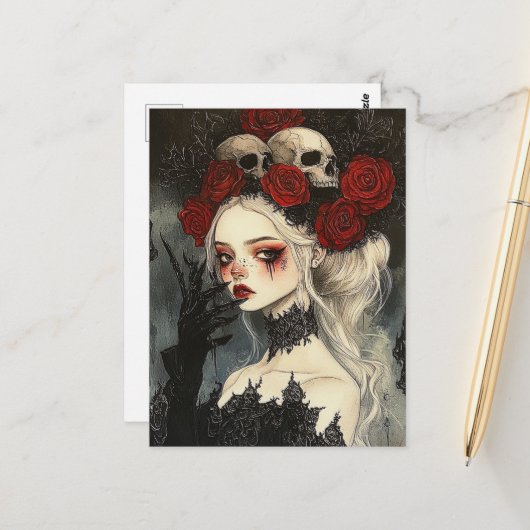 Persephone Goth Rote Rosen Skulls Postkarte (Vorderseite/Rückseite Beispiel)