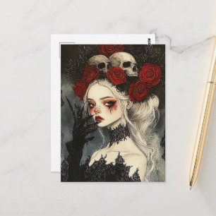 Persephone Goth rote Rosen Totenköpfe Postkarte