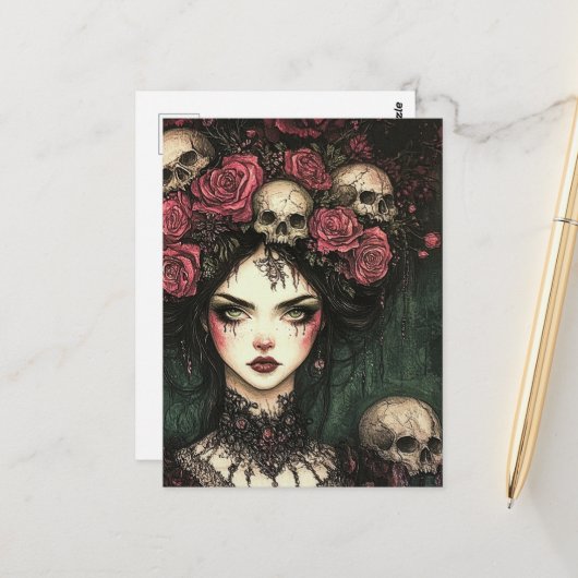 Persephone Roses and Skulls Postkarte (Vorderseite/Rückseite Beispiel)
