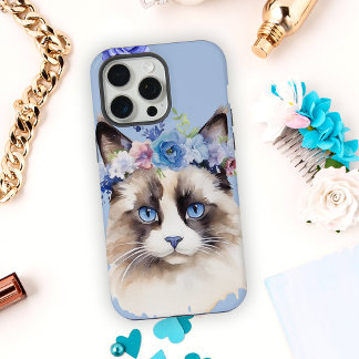 Perserkatze Blau Floral iPhone 15 Pro Max Hülle