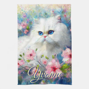 Perserkatze Blaue Augen in rosa Blumen Personalisi Geschirrtuch