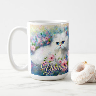 Perserkatze Blaue Augen in rosa Blumen Personalisi Kaffeetasse
