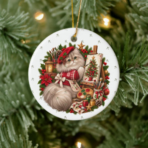 Perserkatze Rote Barett Malerei Weihnachtsstaffele Keramik Ornament