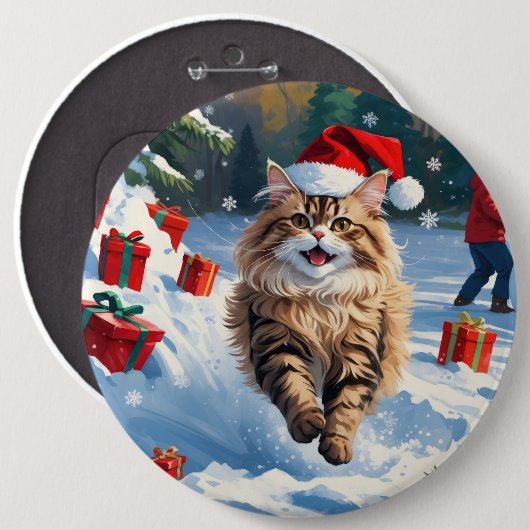 Perserkatze sitzt im Schnee mit Weihnachtsmütze Button (Vorne & Hinten)