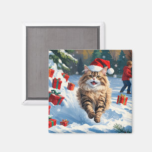 Perserkatze sitzt im Schnee mit Weihnachtsmütze Magnet