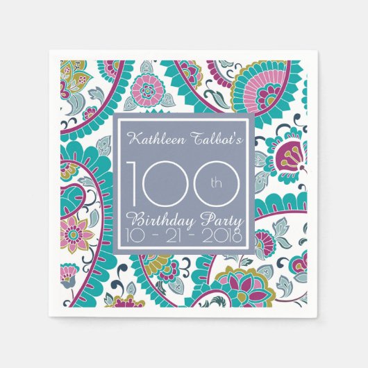 Persian Boteh Paisley 100th Birthday Party Paper N Serviette (Vorderseite)