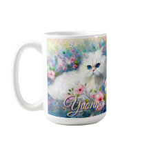 Persian Cat Blue Eyes in Pink Flowers Personalized