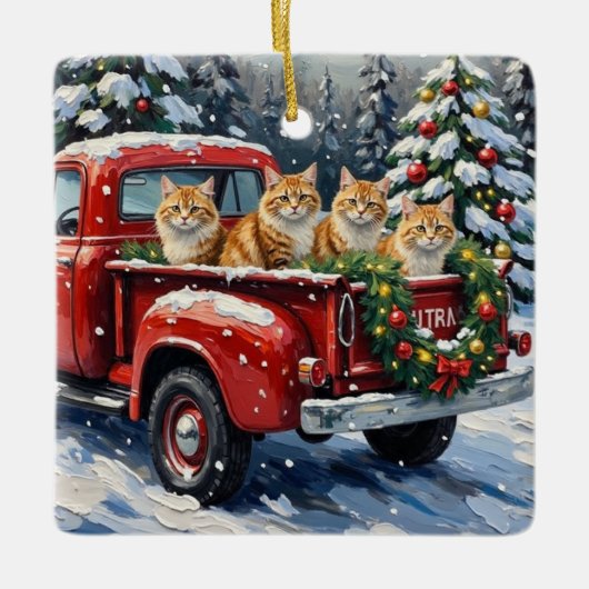 Persian Cat Christmas Red Truck Holiday Keramikornament (Vorderseite)