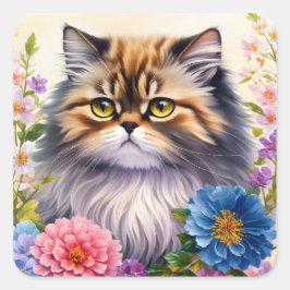 Persian Cat Floral Art Quadratischer Aufkleber