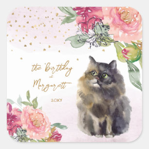 Persian Cat Illustration Happy Birthday Girl Party Quadratischer Aufkleber