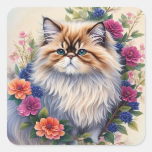 Persian Cat Multicolor Blume Quadratischer Aufkleber