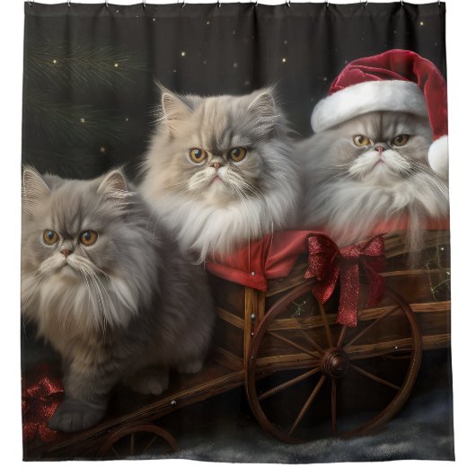 Persian Cat Snowy Sleigh Weihnachtsdekor Duschvorhang (Vorderseite)