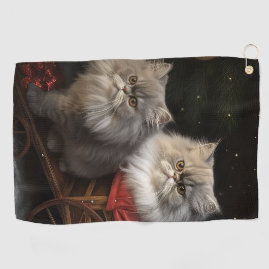 Persian Cat Snowy Sleigh Weihnachtsdekor Golfhandtuch (Horizontal)
