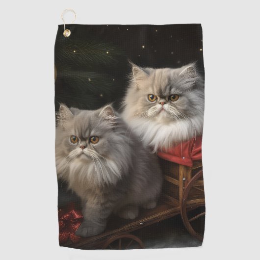 Persian Cat Snowy Sleigh Weihnachtsdekor Golfhandtuch (Vorderseite)
