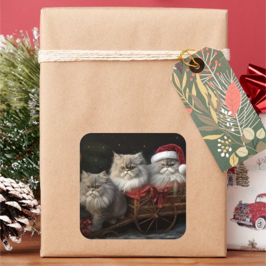 Persian Cat Snowy Sleigh Weihnachtsdekor Quadratischer Aufkleber (Feiertag)