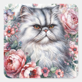 Persian Cat Watercolor Floral Portrait Quadratischer Aufkleber
