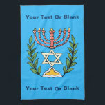 Persian Magen David Menorah Küchentuch<br><div class="desc">Dieses Bild wurde aus einer antiken persischen jüdischen Fliese mit einer Menorah mit einem Magen David (Stern von David) gerahmt von Olivenzweigen. Die Unvollkommenheiten des originalen,  handbemalten Bildes wurden bewahrt.</div>