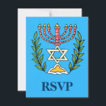 Persian Magen David Menorah RSVP Karte<br><div class="desc">Eine RSVP-Karte zur Begleitung von Bar/Bat Mitzvah-Einladungen mit dem gleichen Design. Dieses Bild wurde aus einer antiken persischen jüdischen Fliese mit einer Menorah mit einem Magen David (Stern von David) gerahmt von Olivenzweigen. Die Unvollkommenheiten des originalen,  handbemalten Bildes wurden bewahrt.</div>