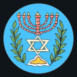 Persian Magen David Menorah Runder Aufkleber<br><div class="desc">Dieses Bild wurde aus einer antiken persischen jüdischen Fliese mit einer Menorah mit einem Magen David (Stern von David) gerahmt von Olivenzweigen. Die Unvollkommenheiten des originalen,  handbemalten Bildes wurden bewahrt.</div>