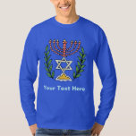 Persian Magen David Menorah T-Shirt<br><div class="desc">Dieses Bild wurde aus einer antiken persischen jüdischen Fliese mit einer Menorah mit einem Magen David (Stern von David) gerahmt von Olivenzweigen. Die Unvollkommenheiten des originalen,  handbemalten Bildes wurden bewahrt.</div>