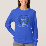 Persian Magen David Menorah T-Shirt<br><div class="desc">Dieses Bild wurde aus einer antiken persischen jüdischen Fliese und zeigt eine Menorah und Magen David (Stern von David) gerahmt von Olivenzweigen. Die Unvollkommenheiten des originalen,  handbemalten Bildes wurden bewahrt.</div>