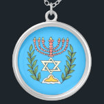 Persian Magen David Menorah Versilberte Kette<br><div class="desc">Dieses Bild wurde aus einer antiken persischen jüdischen Fliese mit einer Menorah mit einem Magen David (Stern von David) gerahmt von Olivenzweigen. Die Unvollkommenheiten des originalen,  handbemalten Bildes wurden bewahrt.</div>