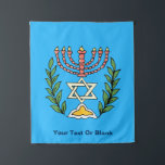 Persian Magen David Menorah Wandteppich<br><div class="desc">Dieses Bild wurde aus einer antiken persischen jüdischen Fliese mit einer Menorah mit einem Magen David (Stern von David) gerahmt von Olivenzweigen. Die Unvollkommenheiten des originalen,  handbemalten Bildes wurden bewahrt. Fügen Sie Ihren eigenen Text zu anpassen.</div>