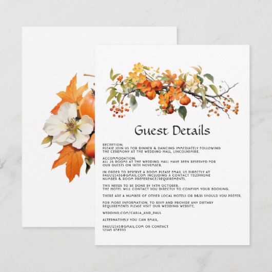 Persimmon Floral Wedding Guest Details Begleitkarte (Vorne/Hinten)