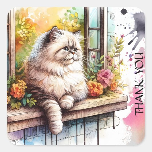 Persisch Beige Gray Cat in Window Summer Blume Quadratischer Aufkleber (Vorderseite)
