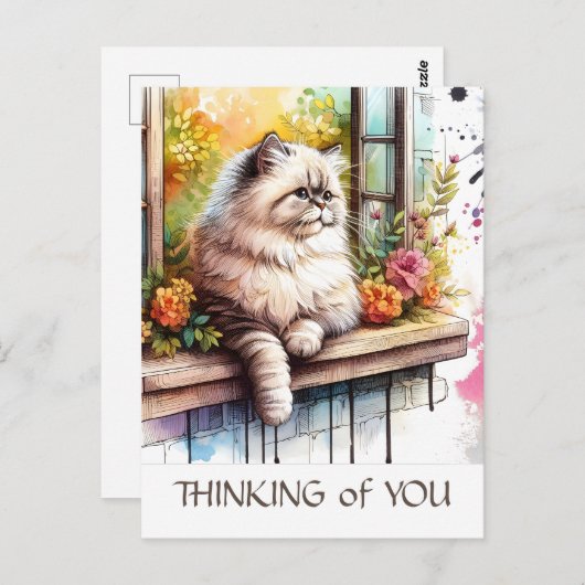 Persisch-Beige Katze im Fenster mit Sommerferien-B Postkarte (Vorne/Hinten)