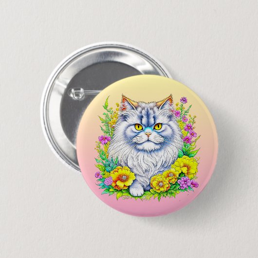 Persische Katze bei Blume Personalisiert Button (Vorne & Hinten)