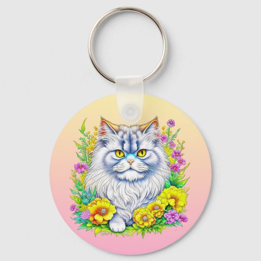 Persische Katze bei Blume Personalisiert Schlüsselanhänger (Vorderseite)