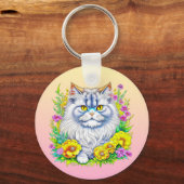 Persische Katze bei Blume Personalisiert Schlüsselanhänger (Vorderseite)