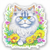 Persische Katze in Gelb und Rosa Blume Aufkleber (Vorderseite)