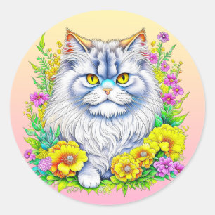 Persische Katze in Gelb und Rosa Blume Runder Aufkleber