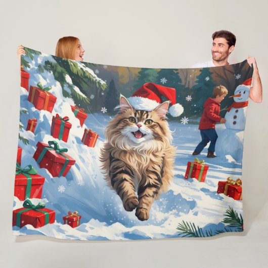 Persische Katze sitzt im Schnee mit Weihnachtshut Fleecedecke (Beispiel)