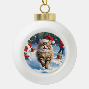 Persische Katze sitzt im Schnee mit Weihnachtshut Keramik Kugel-Ornament