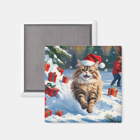 Persische Katze sitzt im Schnee mit Weihnachtshut Magnet (Vorderseite/Rückseite)