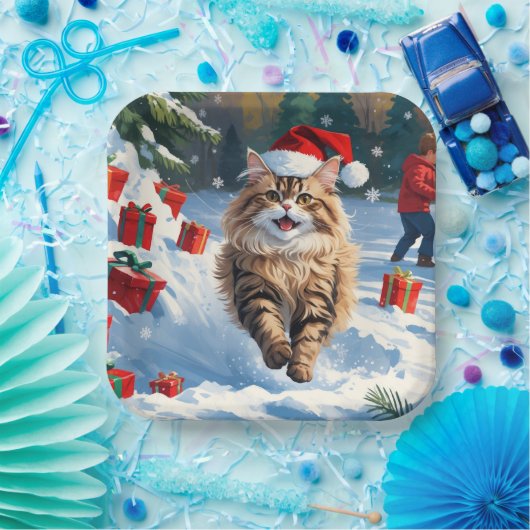 Persische Katze sitzt im Schnee mit Weihnachtshut Pappteller (Party)