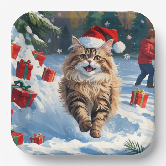 Persische Katze sitzt im Schnee mit Weihnachtshut Pappteller (Vorderseite)