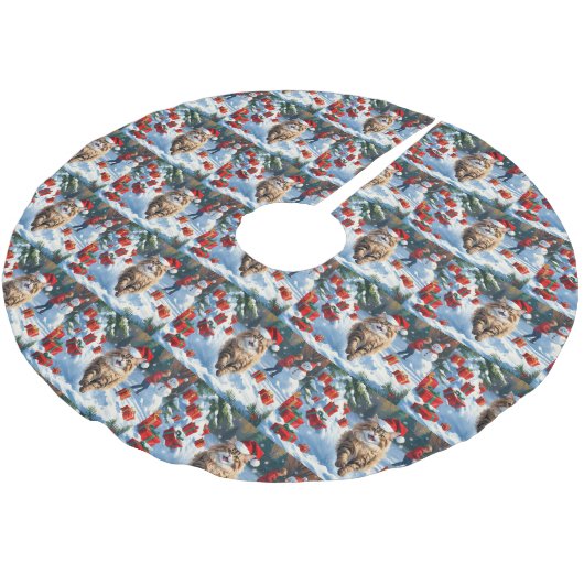 Persische Katze sitzt im Schnee mit Weihnachtshut Polyester Weihnachtsbaumdecke (Schrägansicht)