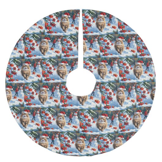 Persische Katze sitzt im Schnee mit Weihnachtshut Polyester Weihnachtsbaumdecke (Vorderseite)