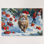 Persische Katze sitzt im Schnee mit Weihnachtshut Puzzle (Horizontal)