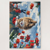 Persische Katze sitzt im Schnee mit Weihnachtshut Puzzle (Vertikal)