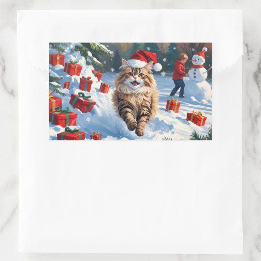 Persische Katze sitzt im Schnee mit Weihnachtshut Rechteckiger Aufkleber (Tasche)