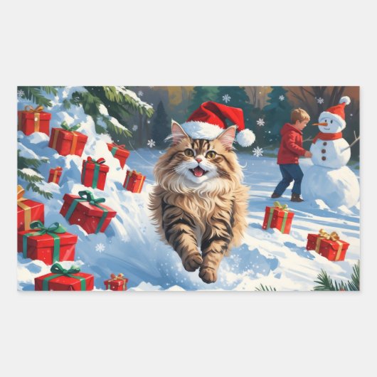 Persische Katze sitzt im Schnee mit Weihnachtshut Rechteckiger Aufkleber (Vorderseite)