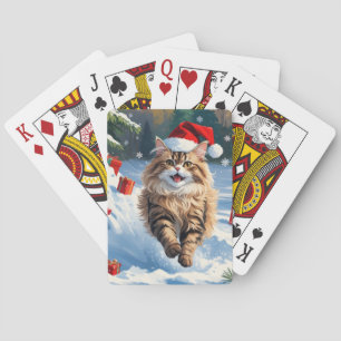 Persische Katze sitzt im Schnee mit Weihnachtshut Spielkarten