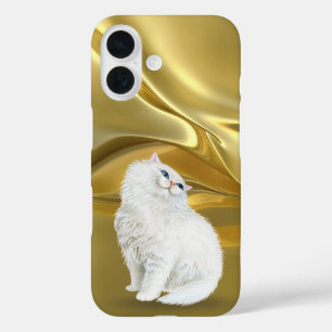 Persische weiße Katze auf Gold-Satin iPhone 16 Hülle
