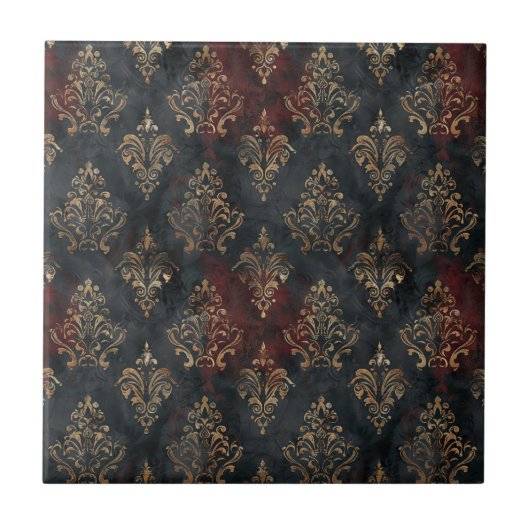 Persischer Gold Damask Noir Muster (2) Fliese (Vorderseite)